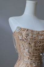 Pretty Mermaid Strapless Gold Sequin Beads Long Prom Dresses Formal Evening Dresses