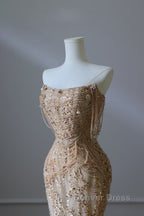 Pretty Mermaid Strapless Gold Sequin Beads Long Prom Dresses Formal Evening Dresses