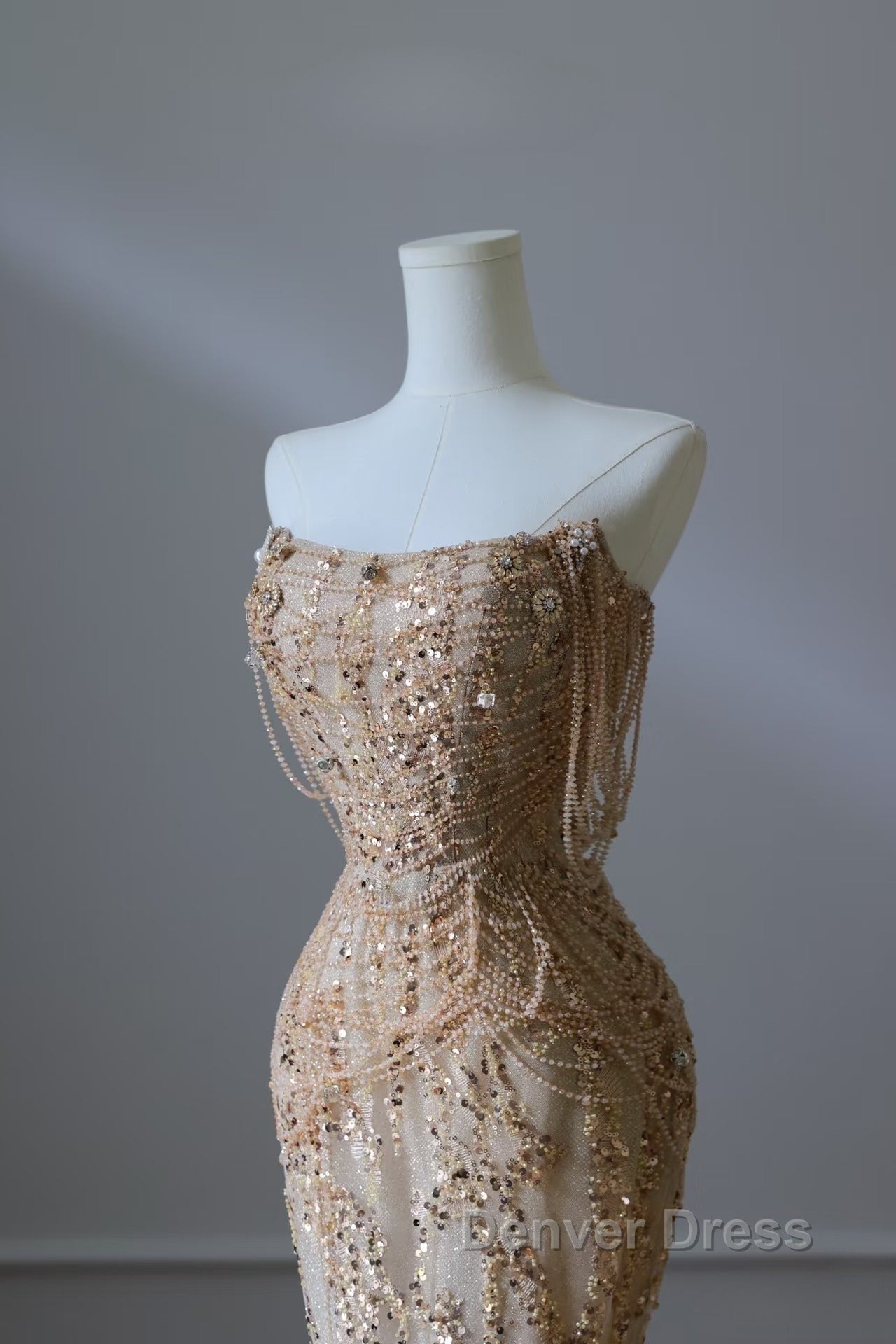 Pretty Mermaid Strapless Gold Sequin Beads Long Prom Dresses Formal Evening Dresses