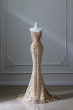 Pretty Mermaid Strapless Gold Sequin Beads Long Prom Dresses Formal Evening Dresses