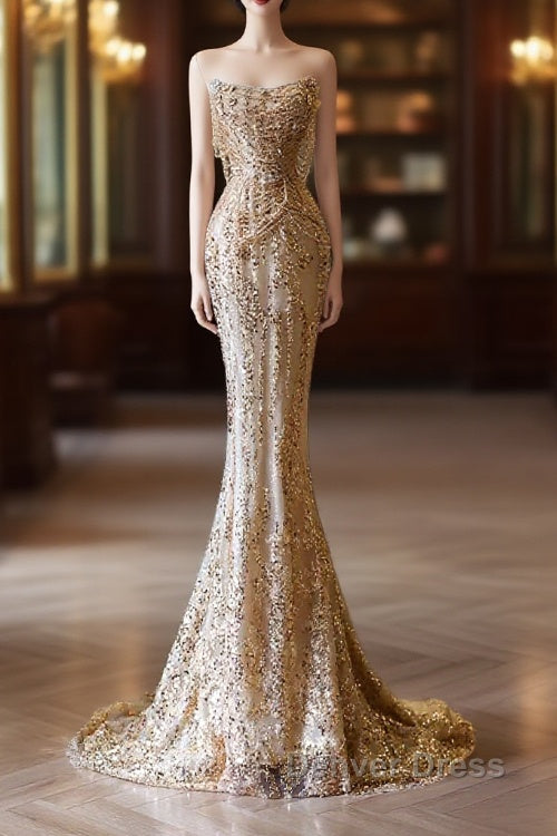 Pretty Mermaid Strapless Gold Sequin Beads Long Prom Dresses Formal Evening Dresses Main image