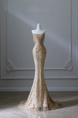 Pretty Mermaid Strapless Gold Sequin Beads Long Prom Dresses Formal Evening Dress