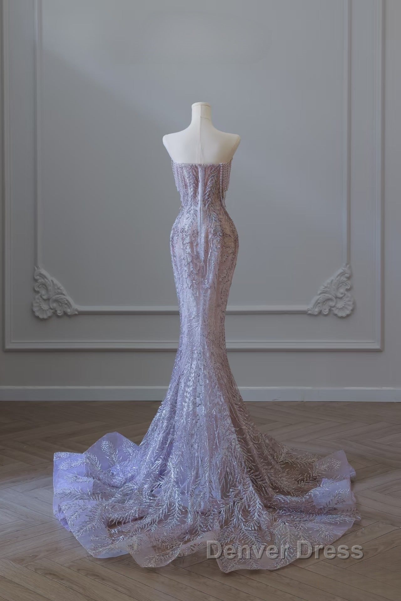 Pretty Mermaid Strapless Lilac Sequin Beads Long Prom Dresses Formal Evening Dresses Secondary image