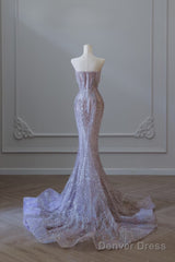 Pretty Mermaid Strapless Lilac Sequin Beads Long Prom Dresses Formal Evening Dress