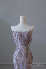 Pretty Mermaid Strapless Lilac Sequin Beads Long Prom Dresses Formal Evening Dress