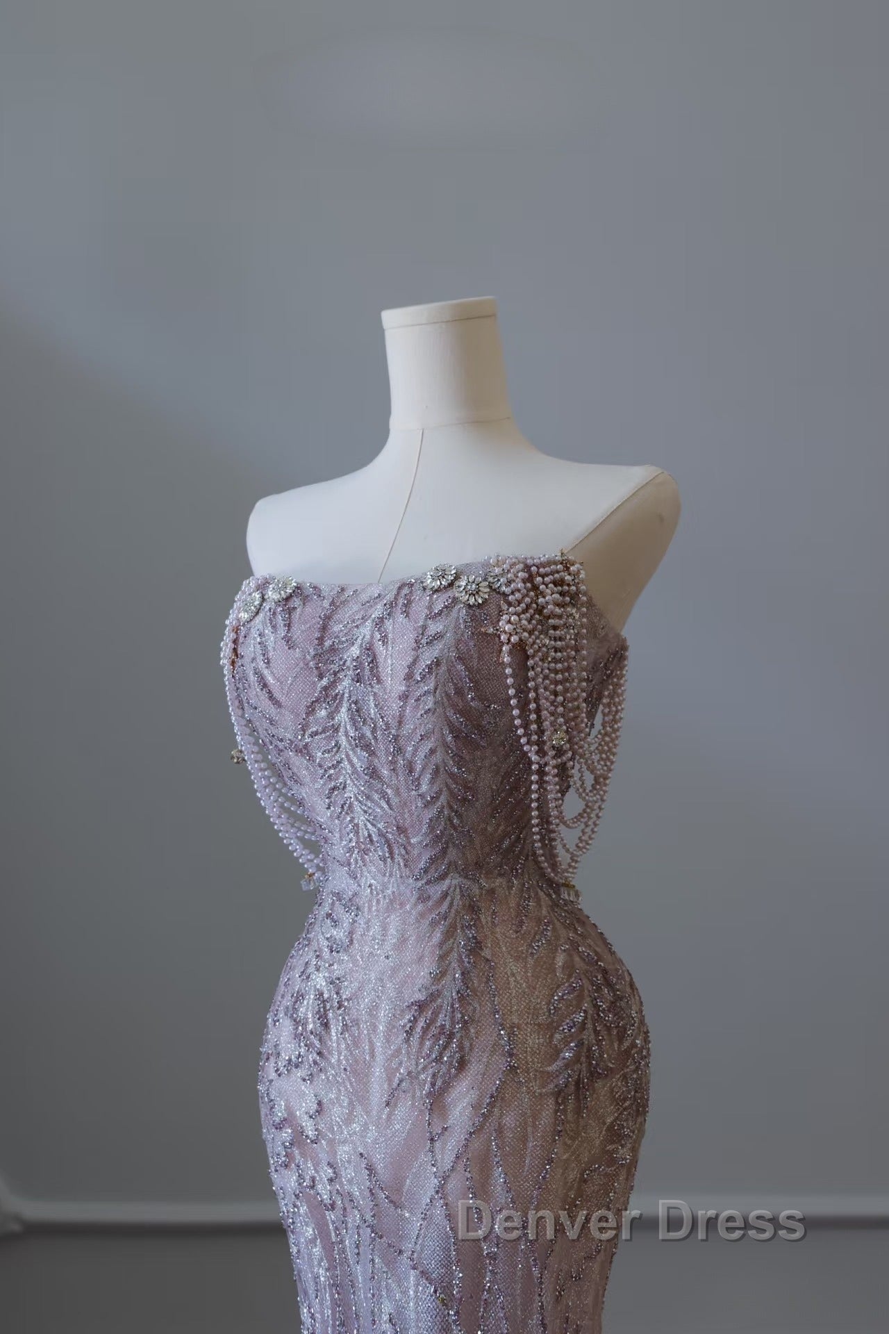 Pretty Mermaid Strapless Lilac Sequin Beads Long Prom Dresses Formal Evening Dresses