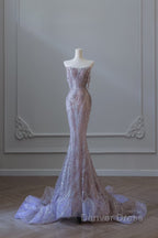 Pretty Mermaid Strapless Lilac Sequin Beads Long Prom Dresses Formal Evening Dresses
