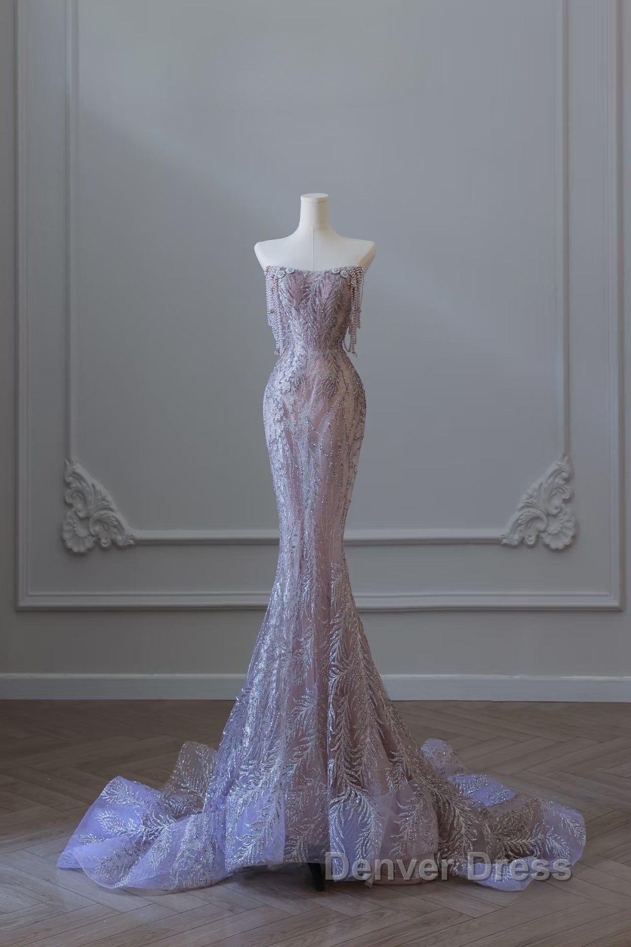 Pretty Mermaid Strapless Lilac Sequin Beads Long Prom Dresses Formal Evening Dresses