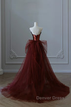 Pretty Mermaid Strapless Sequin Long Burgundy Ruffles Long Prom Dresses Formal Evening Dresses