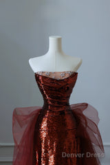 Pretty Mermaid Strapless Sequin Long Burgundy Ruffles Long Prom Dresses Formal Evening Dress