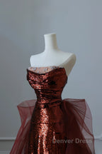 Pretty Mermaid Strapless Sequin Long Burgundy Ruffles Long Prom Dresses Formal Evening Dresses