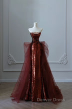 Pretty Mermaid Strapless Sequin Long Burgundy Ruffles Long Prom Dresses Formal Evening Dresses