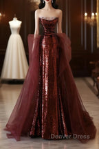 Pretty Mermaid Strapless Sequin Long Burgundy Ruffles Long Prom Dresses Formal Evening Dresses