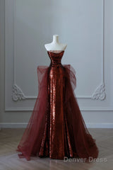 Pretty Mermaid Strapless Sequin Long Burgundy Ruffles Long Prom Dresses Formal Evening Dress