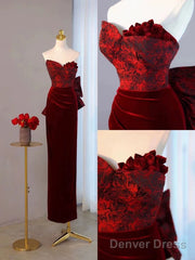 Pretty Mermaid Sweetheart Wine Red Velvet Long Evening Dress Prom Dresses