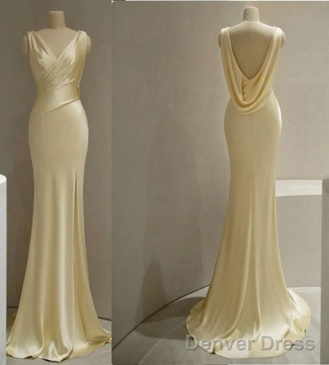 Pretty Mermaid V Neckline Satin Yellow Long Prom Dresses Formal Evening Dress Secondary image