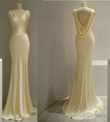 Pretty Mermaid V Neckline Satin Yellow Long Prom Dresses Formal Evening Dress