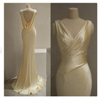Pretty Mermaid V Neckline Yellow Satin Prom Dress With Ruffle Long Prom Dresses