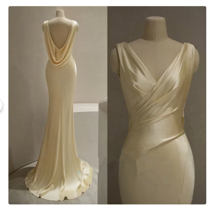 Pretty Mermaid V Neckline Yellow Satin Prom Dress With Ruffle Long Prom Dresses