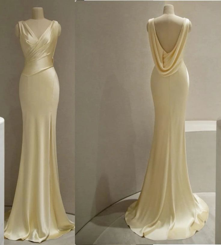Pretty Mermaid V Neckline Yellow Satin Prom Dress With Ruffle Long Prom Dresses