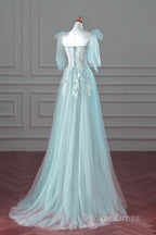 Pretty Mint Blue Tulle With Lace A-Line  Long Party Dresses, Mint Blue Prom Dresses Fornal Dresses