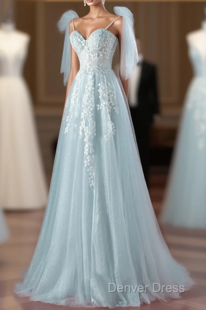 Pretty Mint Blue Tulle With Lace A-Line  Long Party Dresses, Mint Blue Prom Dresses Fornal Dresses