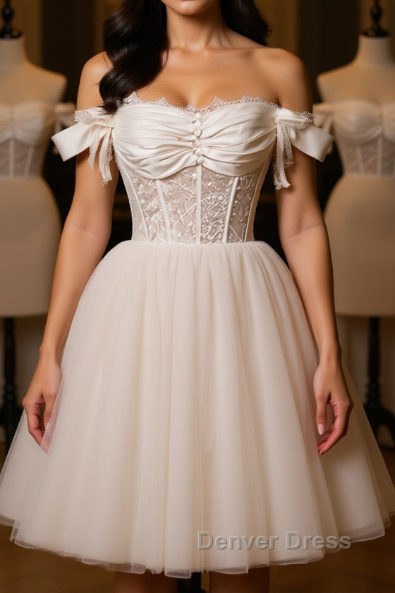 Pretty Off Shoulder Ivory Prom Dress Short, Ivory Homecoming Dress, Prom Graduation Prom Dresses Main image