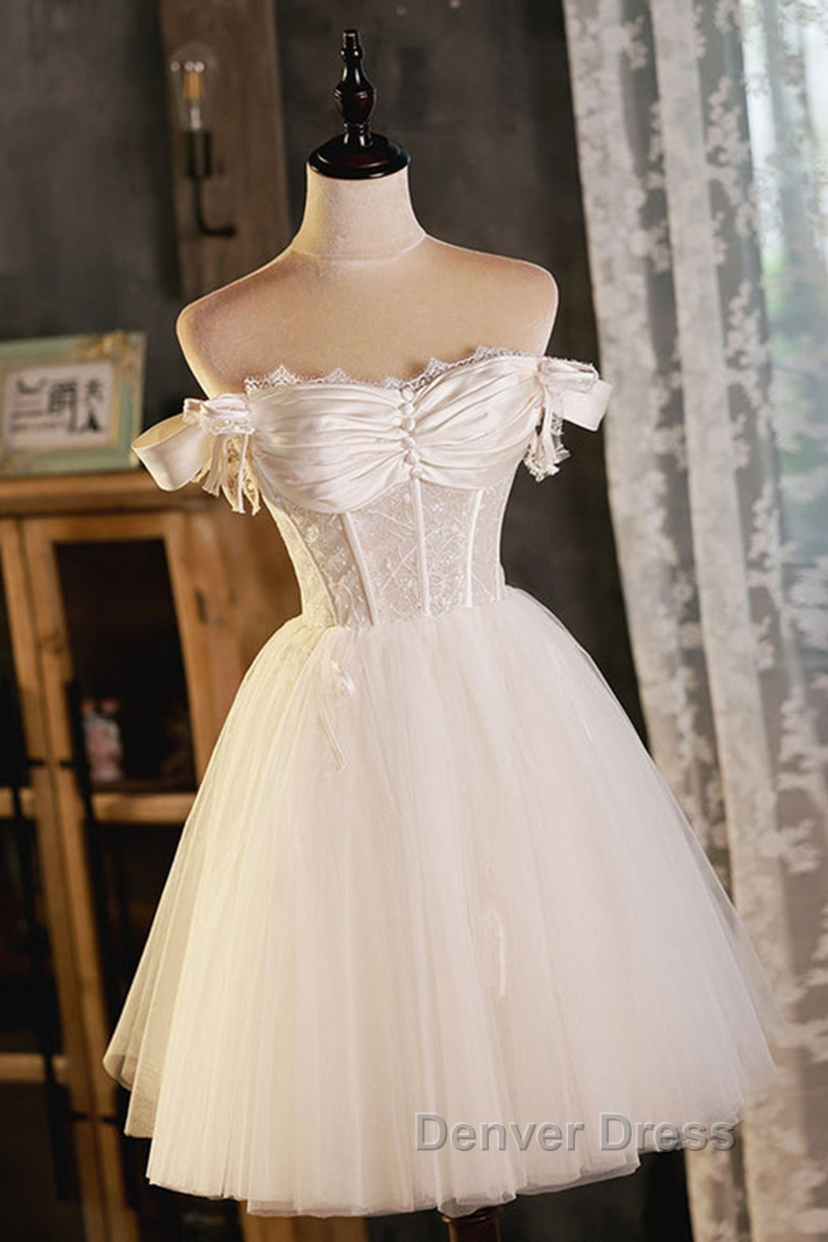 Pretty Off Shoulder Ivory Prom Dress Short, Ivory Homecoming Dress, Prom Graduation Prom Dresses Secondary image