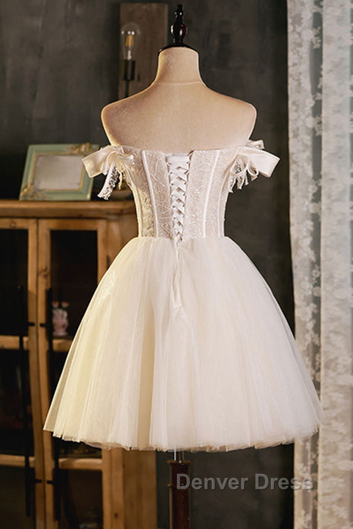 Pretty Off Shoulder Ivory Prom Dress Short, Ivory Homecoming Dress, Prom Graduation Prom Dresses