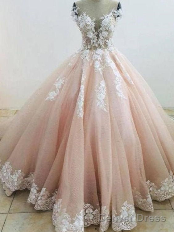 Pretty Pastel Pink Lace Applique Wedding Dress Chapel Train Prom Dress Main image