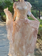Pretty Pink Floral Print A-Line Chiffon Long Prom Dresses Evening Dresses