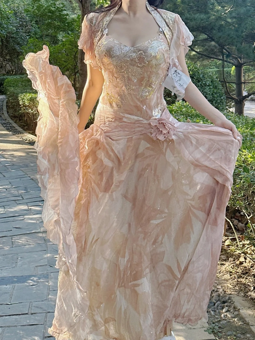 Pretty Pink Floral Print A-Line Chiffon Long Prom Dresses Evening Dresses