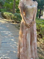 Pretty Pink Floral Print A-Line Chiffon Long Prom Dresses Evening Dresses