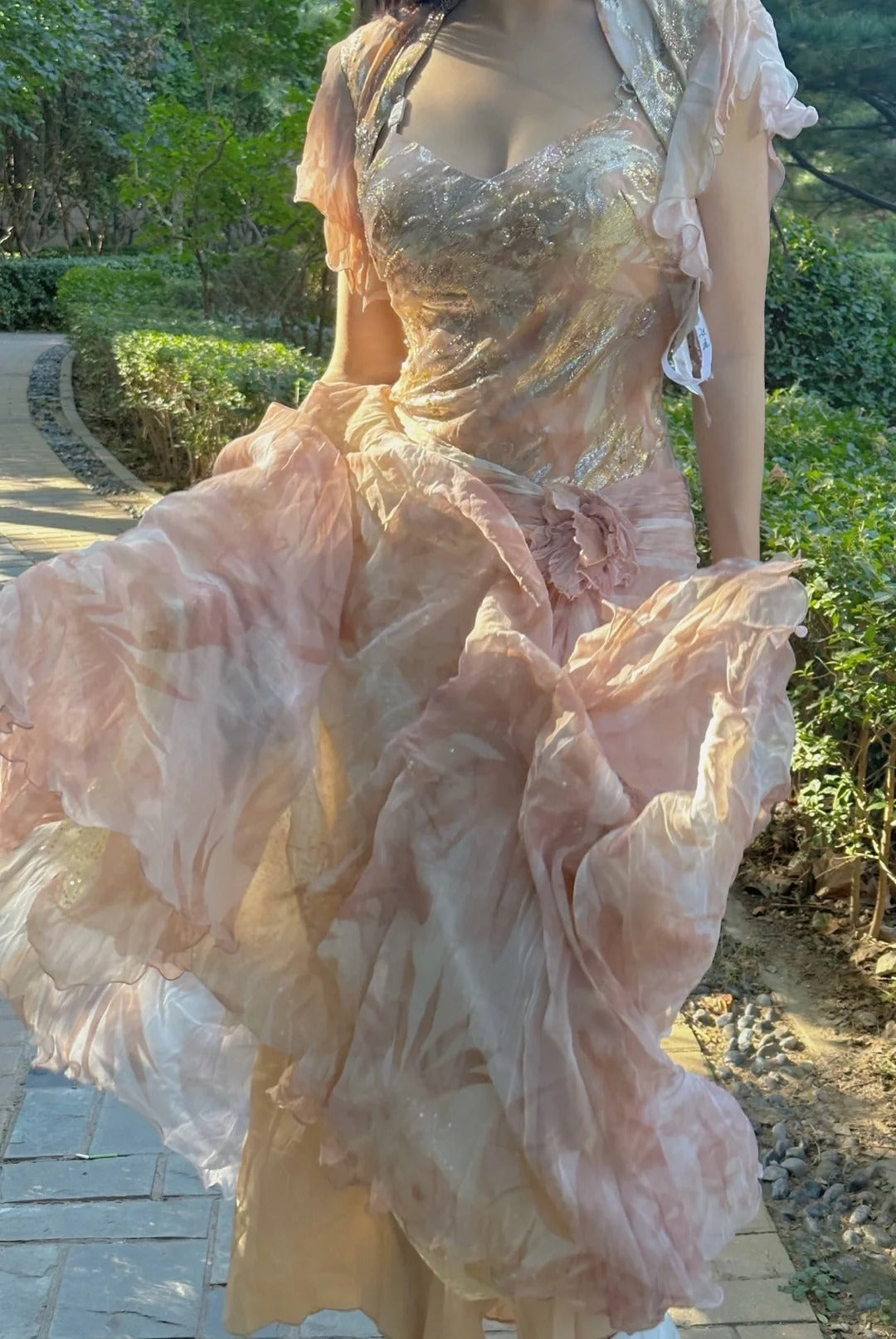 Pretty Pink Floral Print A-Line Chiffon Long Prom Dresses Evening Dresses