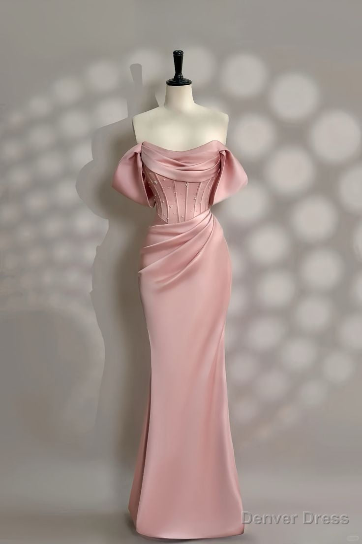 Pretty Pink Mermaid Prom Dress Pearl Beading Off Shoulder Prom Dresses