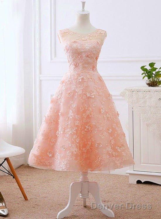 Pretty Pink Tea Length Flower Lace Wedding Party Drses, Pink Lace Formal Dress Prom Dress