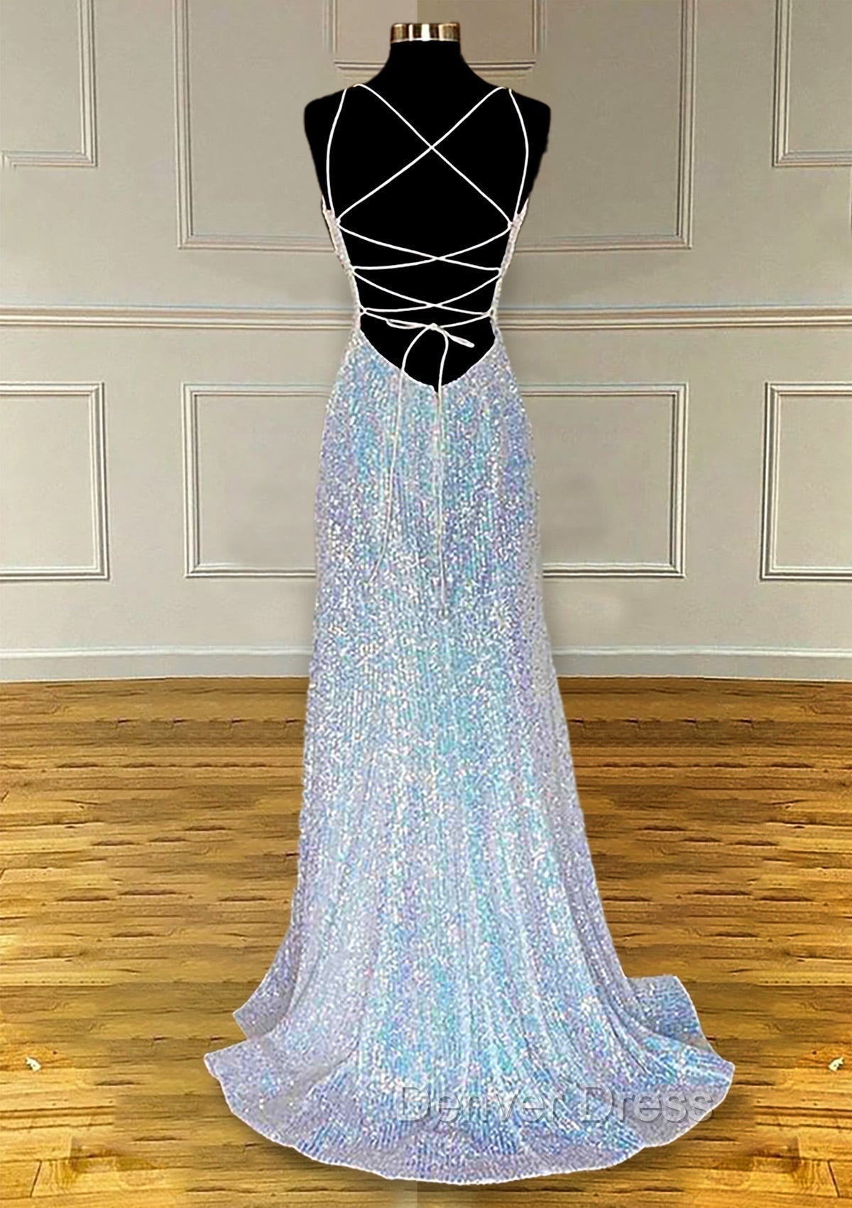 Pretty Prom Dress, Sheath Column V Neck Spaghetti Straps Sweep Train Sequined Prom Dresses With Pleated Secondary image
