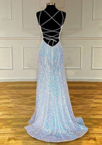 Pretty Prom Dress, Sheath Column V Neck Spaghetti Straps Sweep Train Sequined Prom Dresses With Pleated