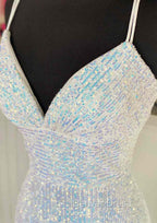 Pretty Prom Dresses, Sheath/Column V Neck Spaghetti Straps Sweep Train Sequined Prom Dresses With Pleated