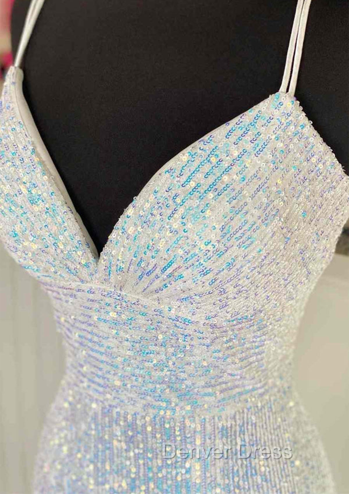 Pretty Prom Dresses, Sheath/Column V Neck Spaghetti Straps Sweep Train Sequined Prom Dresses With Pleated