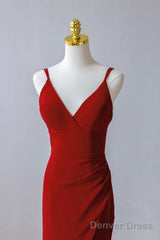 Pretty Red Mermaid Straps Long Evening Dress With Leg Slit, Red Prom Dress