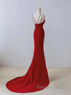 Pretty Red Mermaid Straps Long Evening Dresses With Leg Slit, Red Prom Dresses