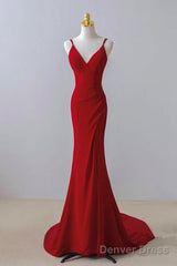 Pretty Red Mermaid Straps Long Evening Dress With Leg Slit, Red Prom Dress