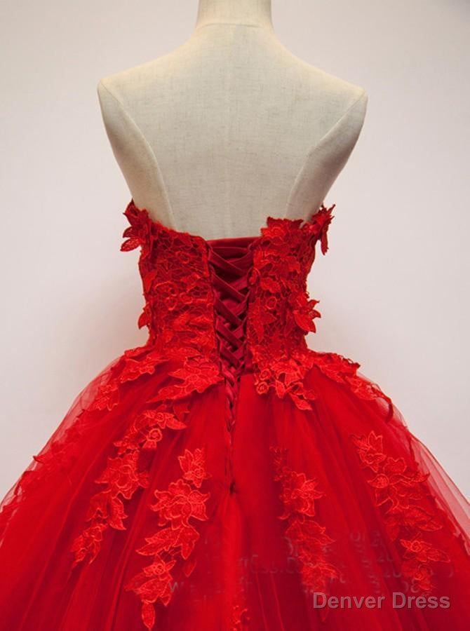 Pretty Red Sweetheart Strapless Ball Gowns Applique Tulle Long Prom Dress,Prom Dresses
