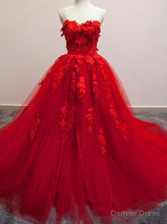 Pretty Red Sweetheart Strapless Ball Gowns Applique Tulle Long Prom Dress,Prom Dresses