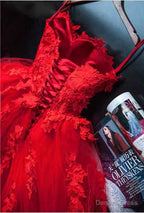Pretty Red Sweetheart Strapless Ball Gowns Applique Tulle Long Prom Dress,Prom Dresses