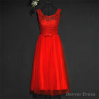 Pretty Red Tulle and Lace Tea Length Prom Dress, Red Bridesmaid Dresses