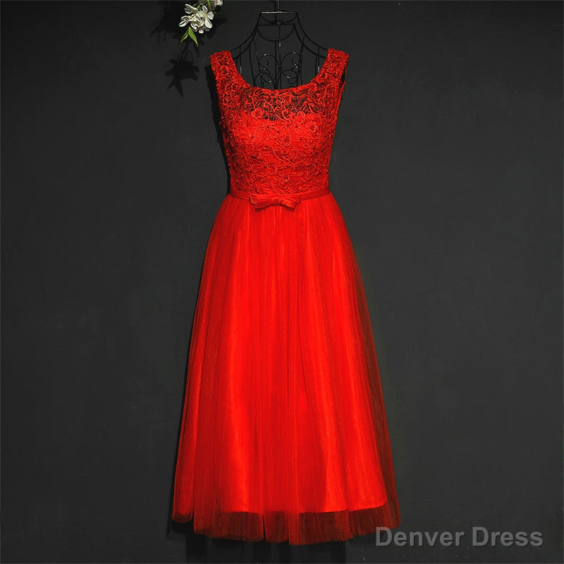 Pretty Red Tulle and Lace Tea Length Prom Dress, Red Bridesmaid Dresses