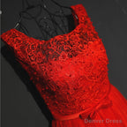 Pretty Red Tulle and Lace Tea Length Prom Dress, Red Bridesmaid Dresses