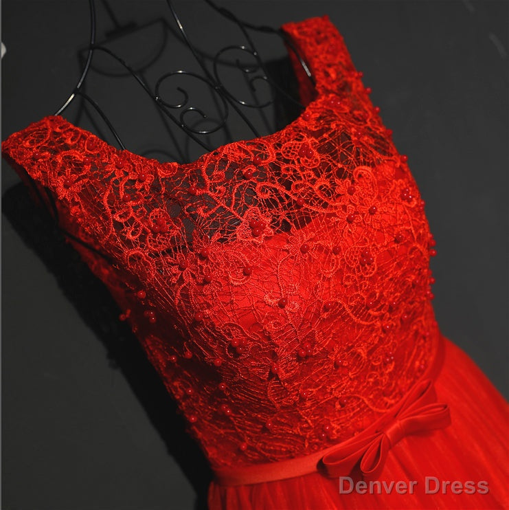Pretty Red Tulle and Lace Tea Length Prom Dress, Red Bridesmaid Dresses